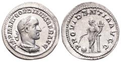 Gordian II AR Denarius. Rome, AD 238. IMP M ANT GORDIANVS AFR AVG, laureate, draped and cuirassed bust right / PROVIDENTIA AVGG, Providentia standing facing, head to left, leaning on column to right a