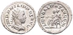 Philip II AR Antoninianus. Rome, AD 244-247. IMP PHILIPPVS AVG, Radiate and draped bust right / LIBERALITAS AVG III, Philip I and Philip II seated left on curule chairs. RIC 230. 3.54g, 24mm, 1h. Near
