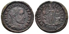 Martinian Æ Nummus. Nicomedia, AD 324. D N M MARTINIANVS P F AVG, radiate, draped and cuirassed bust right / IOVI CONSERVATORI, Jupiter standing left, holding Victory on globe in right hand and eagle-