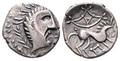Britannia, Iceni AR Unit. “Boudicca” (AD 61). Stylised head right, trefoil in front, wreath behind, rev. horse right, triangular shape within pelleted arc above, lozenge-shaped box below. BMC 3556ff; 