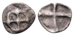 Attica, Athens AR Hemiobol. Circa 515-510 BC. Wappenmünzen type. Wheel of four spokes / Quadripartite incuse square, divided diagonally. Cf. Seltman pl. IV, ρ (obol); cf. SNG Copenhagen 7 (obol); cf. 