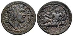Lydia, Blaundos Æ26. Circa 2nd-3rd Century AD. DHMOS BLA - UNDEWN, Laureate head of Demos right / BLAUNDE-WN, Rivergod Hippourios reclining left; IPPOUR-IOS in exergue. SNG von Aulock 2923; BMC 53. SN