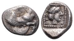 Dynasts of Lycia, Uvug AR Diobol. Circa 470-440 BC. Forepart of winged, man-headed bull advancing right / Head of Aphrodite right within incuse square; Lycian legend OFOV behind. Cf. Vismara II 94 (ob