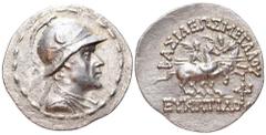 Greco-Baktrian Kingdom, Eukratides I AR Tetradrachm. Struck circa 165-160 BC. Diademed and draped bust of Eukratides to right, wearing Macedonian helmet adorned with bull's horn and ear / ΒΑΣΙΛΕΩΣ ΜΕΓ