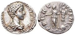 Commodus, as Caesar, AR Denarius. Rome. AD 172-175. COMMODO CAES AVG FIL GERM SARM, bare head right / PRINC IVVENT, Commodus standing left, holding branch and sceptre; to right, trophy with arms at fo