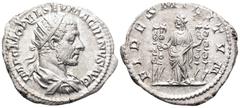 Macrinus AR Antoninianus. Rome, AD 217. IMP C M OPEL SEV MACRINVS AVG Radiate and draped bust of Macrinus to right / FIDES MILITVM Fides standing left holding two standards; to left and right, standar