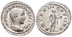 Gordian III AR Denarius. Rome, AD 240. IMP GORDIANVS PIVS FEL AVG, laureate, draped and cuirassed bust right / P M TR P III COS II P P, Gordian standing right, holding spear and globe. RIC 115; RSC 24