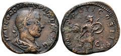 Gordian III Æ Sestertius. Rome, AD 244. IMP GORDIANVS PIVS FEL AVG, laureate, draped, and cuirassed bust right / P M TR P VII COS II P P, Mars advancing right, holding shield and spear. RIC 339a. 21.4