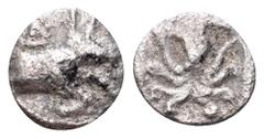 Macedonia, Dikaia AR Hemiobol(?). Circa 450-425/0 BC. Forepart of bull right / Octopus. Schönert-Geiss, Bisanthe -; SNG ANS -. 0.29g, 7mm. Fine, porous. Extremely Rare. From the Frank James Collection