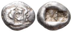 Kingdom of Lydia. Kroisos AR Siglos. Sardes, 550-546 BC. Confronted foreparts of lion right and bull left / Two square punches. ATEC 1914-1925; Berk 23; SNG Kayhan 1024; SNG Copenhagen 456. 5.32g, 15m