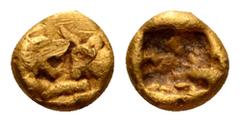 Kingdom of Lydia. Kroisos AV Twenty-fourth Stater. Sardes mint, 564-539 BC. Heavy standard Confronted foreparts of lion and bull / Incuse square. Walberg –; Berk 14; Traité –; SNG von Aulock –; BMC –;