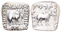 Greco-Baktrian Kingdom, Apollodotos I Soter AR Drachm. Circa 174-165 BC. Indian standard. Elephant advancing right; monogram below / Zebu bull standing right; monogram on hump of bull. Bopearachchi Sé