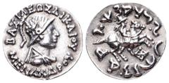 Indo-Greek Kingdom, Menander II AR Drachm. Circa 90-85 BC. BAΣIΛEΩΣ ΔIKAIOY MENANΔPOY, helmeted bust of king right / “Maharajasa dhramikasa Menamdrasa” in Kharosthi, helmeted king on prancing horse ri