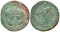 Macrinus and Diadumenian Æ27 of Marcianopolis, Moesia Inferior. AD 217-218. Laureate head of Macrinus right, facing bare head of Diadumenian left / Zeus standing left, holding patera and sceptre; eagl