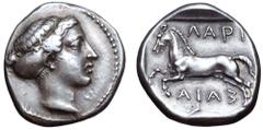 Thessaly, Larissa AR Drachm. Circa 420-400. Head of the nymph Larissa right wearing pearl earring, her hair raised and bound in a sakkos; border of dots / ΛΑΡΙ (left to right) - ΣΑΙΑ (right to left), 