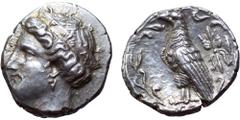 Elis, Olympia AR Stater. 'Hera' mint, 105th Olympiad, 360 BC. Head of Hera left, wearing pendant earring and low stephane ornamented with F-A between palmettes / Eagle with closed wings standing to le