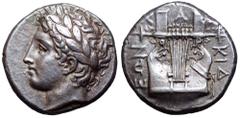 Macedon, Chalkidian League AR Tetradrachm. Olynthos, circa 364-361 BC. Archidamos, magistrate. Laureate head of Apollo to left / Kithara with seven strings, ΧΑΛΚΙΔΕΩΝ around; above bridge of Kithara, 