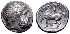 Kingdom of Macedon, Philip II AR Tetradrachm. Lifetime issue. Pella, circa 356–348 BC. Laureate head of Zeus to right / The king, wearing kausia and chlamys, raising his right hand in salute and ridin