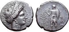 Crete, Aptera AR Stater. Signed by Pythodoros. Circa 4th century BC. Α[ΠΤAΡΑΙΩΝ] around head of Artemis Aptera to right, with hair elaborately curled upwards around a stephane ornamented with palmette