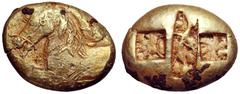 Ionia, Ephesos (?) EL Stater. Circa 575-560 BC. Forepart of bridled horse left, sunburst before; lotus flower on its back / Rectangular incuse punch between two square incuse punches, all with roughly