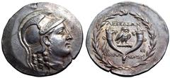 Ionia, Lebedos AR Tetradrachm. Circa 160-140 BC. Stephanophoric type. Apollodotos, magistrate. Head of Athena right, wearing triple-crested Attic helmet with laurel branch above visor / Owl standing r