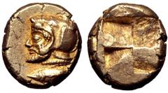 Mysia, Kyzikos EL Hekte. Circa 550-500 BC. Bearded head of Poseidon to left, wearing a helmet in the form of the head of a sea monster; below, tunny fish to right / Quadripartite incuse square. Von Fr