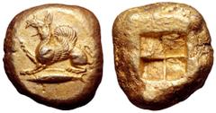 Mysia, Kyzikos EL Stater. Circa 500-450 BC. Roaring griffin standing to left on tunny fish, right foreleg raised and tongue protruding / Quadripartite incuse square. Von Fritze 99; Boston MFA 1455; Gu