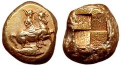 Mysia, Kyzikos EL Stater. Mid 4th century BC. Large race horse rearing up to right, ridden by Phillip II of Macedon, bearded, wearing kausia, diadem and chlamys; tunny fish to right below / Speckled q