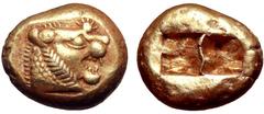Kingdom of Lydia, Alyattes EL Trite. Sardes, circa 610-546 BC. Head of roaring lion to right, sunburst with multiple rays on forehead / Two incuse square punches of unequal size. Traité II/1, 44, pl. 