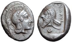 Dynasts of Lycia, Kherei AR Drachm. Circa 430-410 BC. Helmeted head of Athena right, wearing necklace / KHERËI (Lycian), bearded head of dynast left, wearing Persian kyrbasia, barley-grain in left fie