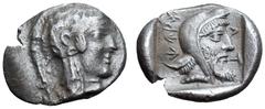 Dynasts of Lycia, Kherei AR Triobol. Tlos (?), circa 430-410 BC. Helmeted head of Athena right, wearing necklace / KHERË (Lycian), bearded head of dynast right, wearing Persian kyrbasia, barley, Λ T i