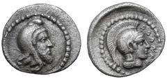 Dynasts of Lycia, Ddenevele AR Obol. Circa 420/10-400 BC. Head of Satrap right, wearing Persian tiara / Helemeted head of Athena right, within incuse circle. Cf. Falghera 177 (for a similar stater); c