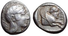 Dynasts of Lycia, Kherei AR Stater. Uncertain mint, circa 410-390 BC. Helmeted head of Athena right, wearing crested Attic helmet decorated with three olive leaves and spiral / Forepart of Lamassu to 