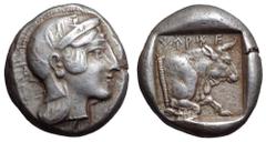 Dynasts of Lycia, Kherei AR Stater. Uncertain mint, circa 410-390 BC. Helmeted head of Athena right / Forepart of bull to right, ẼERẼI (sic, in Lycian) above; all within incuse square. Cf. Mørkholm & 