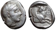 Dynasts of Lycia, Kherei AR Stater. Uncertain mint, circa 410-390 BC. Helmeted head of Athena right, wearing crested Attic helmet decorated with three olive leaves and spiral / Forepart of Lamassu to 