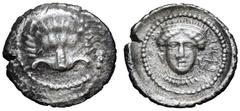 Dynasts of Lycia, Mithrapata AR Diobol. Tlos (?), circa 380 BC. Facing lion’s scalp / [MEX]RRTHE retrograde (Lycian), facing draped bust of Hera, wearing radiate crown, inverted conical earrings and p