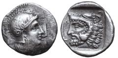 Lycia, Telmessos AR Diobol. Circa 410-390 BC. Helmeted head of Athena right / TE (Lycian), head of bearded Herakles left, wearing lion’s skin headdress all within incuse square. Unpublished in the sta