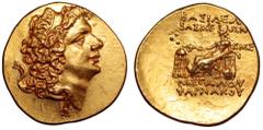 Kingdom of Pontos and Cimmerian Bosporos, Pharnakes II AV Stater. Pantikapaion, 53/52 BC. Diademed bust of Pharnakes right, with luxuriant hair falling behind neck / Apollo, semi-draped, seated to lef