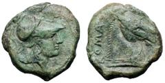 Anonymous Æ Obol. Neapolis or Cosa (?) circa 273-269 BC. Helmeted head of Minerva right / ROMA, bridled horse’s head right; RRC 17/1d; HN Italy 278; Balbi de Caro, RIN 1988, p. 120, 1949; RBW collecti