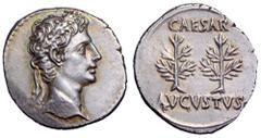Augustus AR Denarius. Spanish mint (Tarraco?), circa 20-16 BC. Laureate head right / Two laurel trees, CAESAR above, AVGVSTVS below. RIC 51; RSC 47. 3.87g, 20mm, 8h. Good Extremely Fine. Beautiful ton