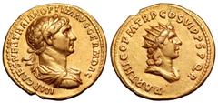 Trajan AV Aureus. Rome, AD 116-117. IMP CAES NER TRAIAN OPTIM AVG GERM DAC, laureate, draped and cuirassed bust right, seen from behind / PARTHICO P M TR P P COS VI P P SPQR, radiate and draped bust o