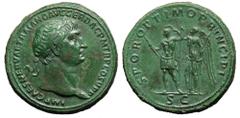Trajan Æ Sestertius. Rome, AD 105-111. IMP CAES NERVAE TRAIANO AVG GER DAC P M TR P COS V P P, laureate bust right / SPQR OPTIMO PRINCIPI, Trajan standing left in military attire, holding thunderbolt 