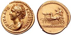 Diva Faustina Senior AV Aureus. Rome, AD 141. DIVA AVG FAVSTINA, draped bust left with hair waved and coiled on top of head / CONSECRATIO, Faustina standing facing in quadriga galloping to left, holdi