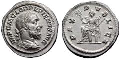 Pupienus AR Denarius. Rome, AD 238. IMP C M CLOD PVPIENVS AVG, laureate, draped and cuirassed bust right / PAX PVBLICA, Pax seated left, holding branch and sceptre. RIC 4. 3.25g, 20mm, 12h. Fleur De C