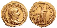 Gordian III AV Aureus. Rome, AD 239. IMP CAES M ANT GORDIANVS AVG, laureate, draped and cuirassed bust right / P M TR P II COS P P, Jupiter standing facing, holding thunderbolt and sceptre over Gordia