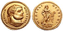 Maximianus Herculius AV Aureus. Nicomedia, AD 294. MAXIMIANVS P F AVG, laureate bust right / HERCVLI VICTORI, Hercules standing facing, head right, holding club and apples, lion skin draped over left 