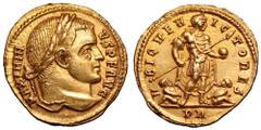 Maximinus II AV Solidus. Rome, circa AD 312-313. MAXIMINVS P F AVG, laureate head right / VBIQVE VICTORES, Emperor standing facing, head right, in military dress, holding transverse spear in right han