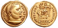 Licinius I AV Aureus. Nicomedia, AD 317, celebrating the Decennalia of November 11. LICINIVS AVGVSTVS, laureate head right / IOVI CONS LICINI AVG, laureate and bearded Jupiter, nude to waist, enthrone
