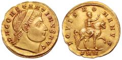 Constantine I AV Medallion of 1¼ Solidi. Nicomedia, AD 325-326. D N CONSTANTINVS AVG, diademed bust right, with uplifted gaze / EQVIS ROMANVS, Constantine, bare-headed and in military dress, mounted r