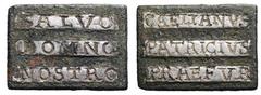Rectangular Solidus Weight (?) or Dedicatory Plaquette. Circa AD 507-511. Æ with silver inlay legend: SALVS DOMNO NOSTRO / CAELIANVS PATRICIVS PRAEF VR. Unpublished in the standard references, for sim
